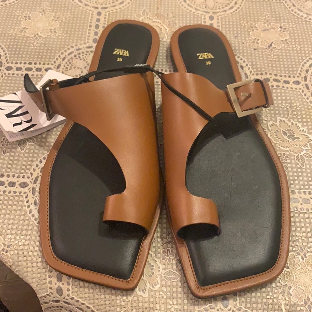 Zara Brown Leather Square open Toe sandals - Picture 8 of 8
